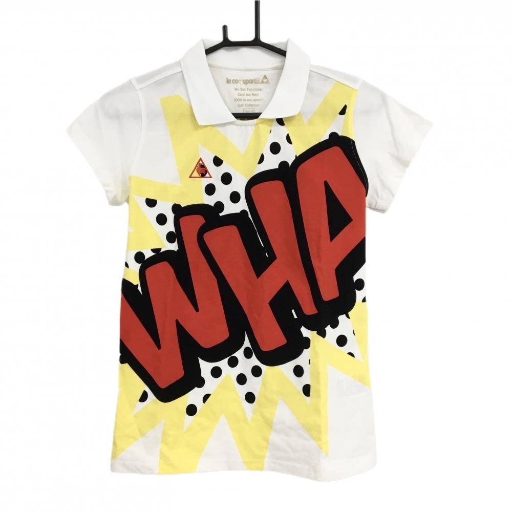 【新品】ルコックゴルフ 襟付き半袖シャツ 白×レッド×イエロー フロントビックプリント レディース L ゴルフウェア le coq sportif