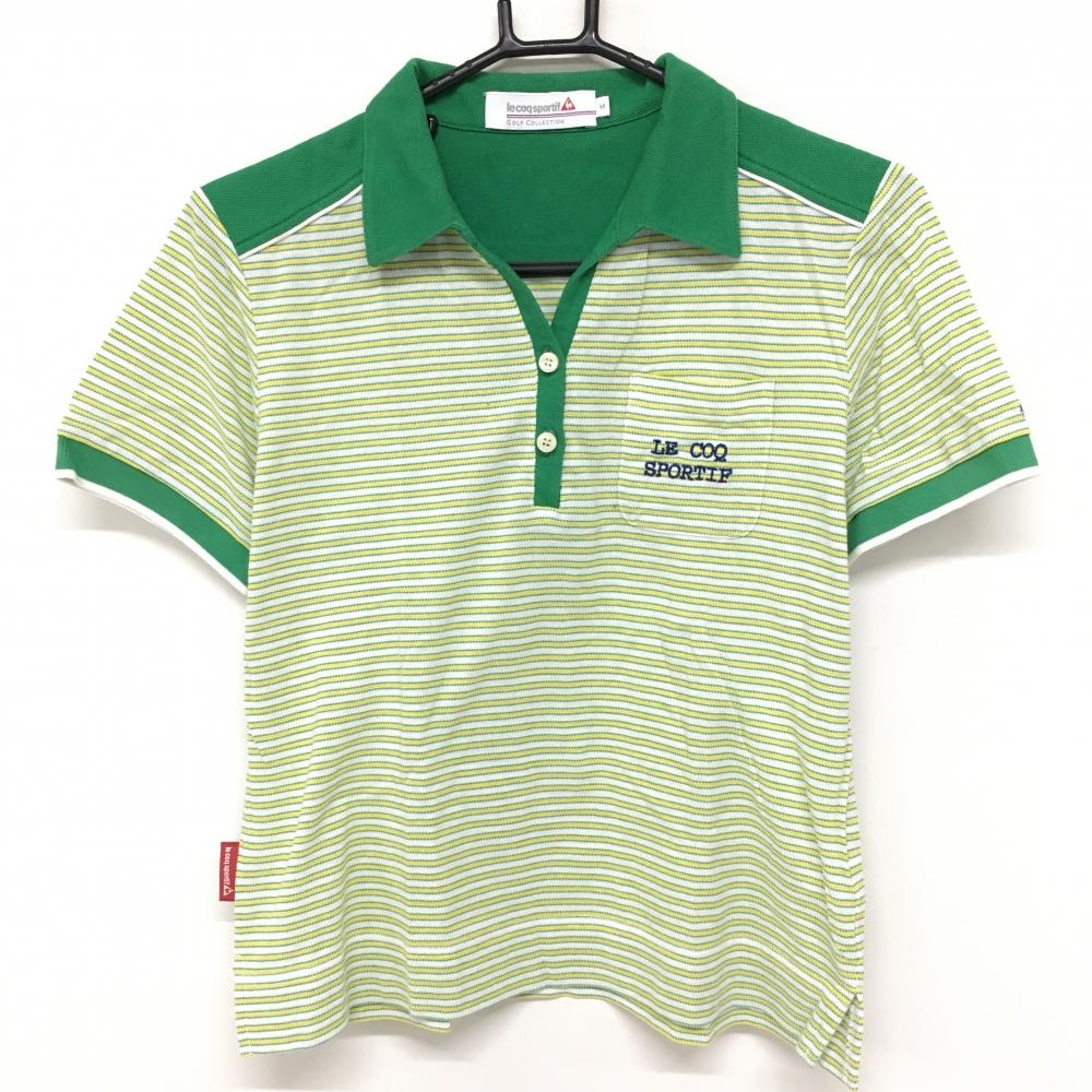 ルコックゴルフ 半袖スキッパーシャツ グリーン×イエロー ボーダー  レディース M ゴルフウェア le coq sportif