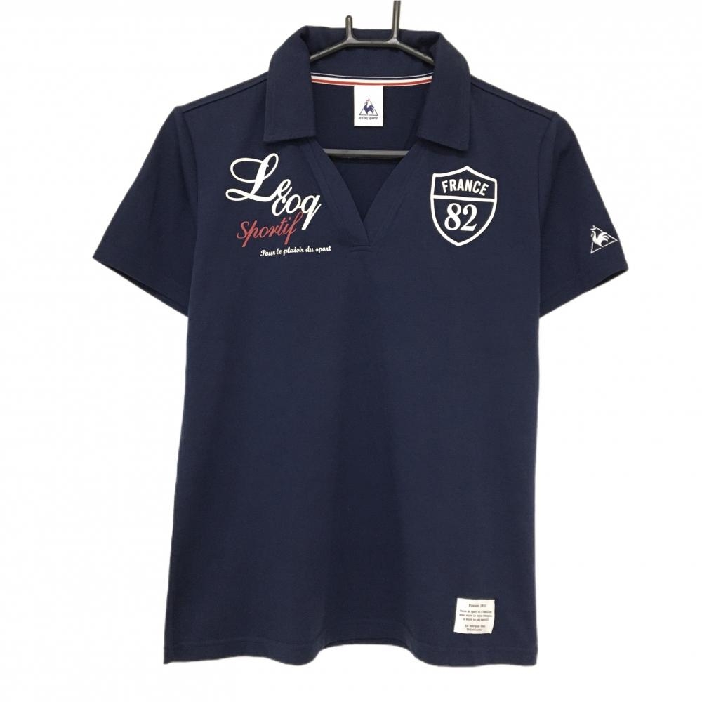 【美品】ルコック 半袖スキッパーシャツ ネイビー×白×レッド 胸ロゴプリント レディース O(XL) ゴルフウェア le coq sportif