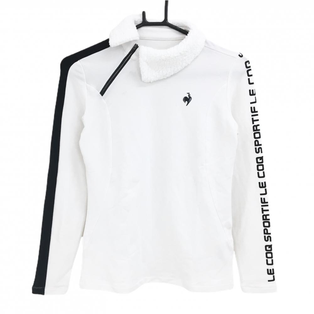 【美品】ルコックゴルフ 襟付き長袖シャツ 白×黒 襟ボア 袖ライン 裏微起毛 レディース M ゴルフウェア le coq sportif