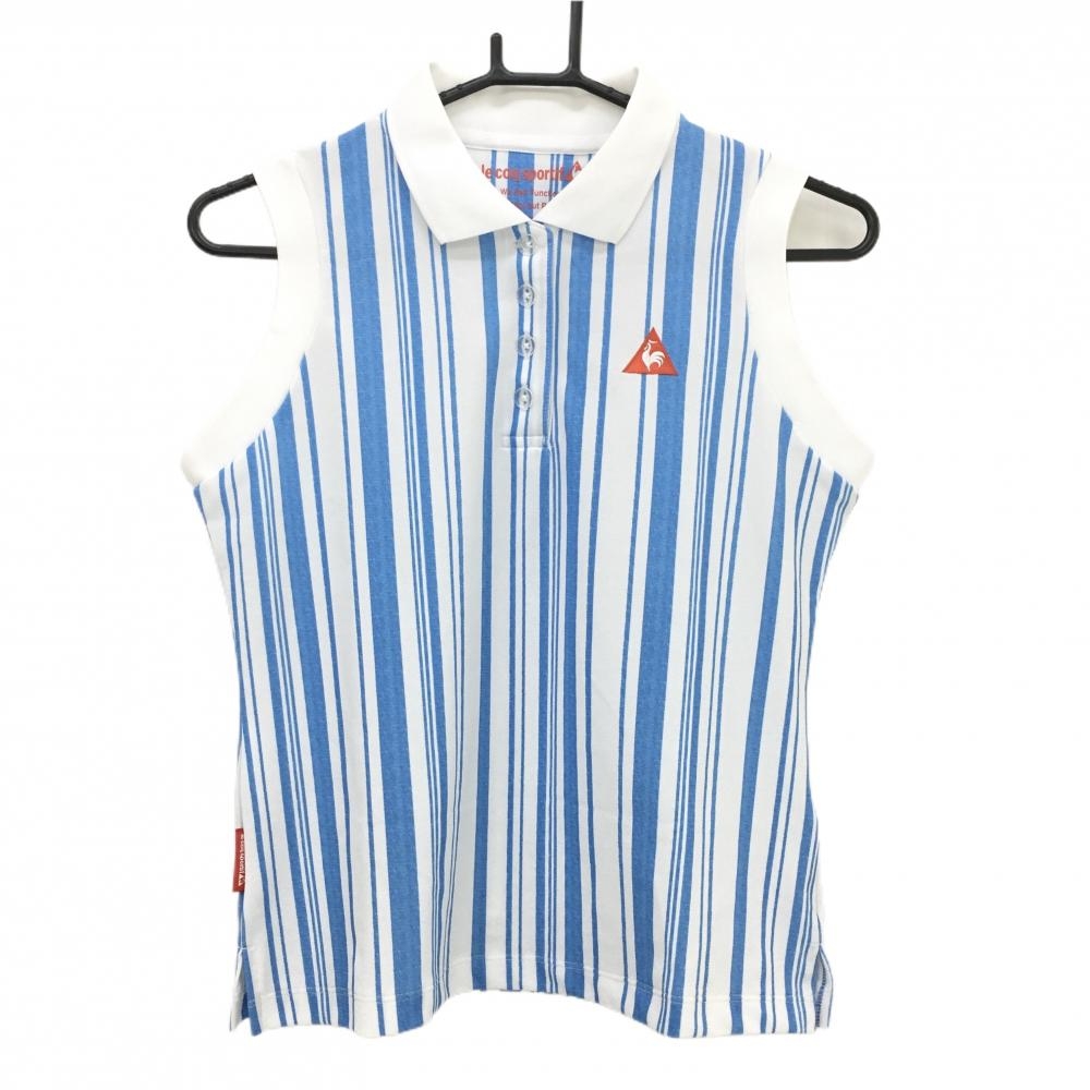 【美品】ルコック ノースリーブポロシャツ 白×ライトブルー ストライプ レディース M ゴルフウェア le coq sportif