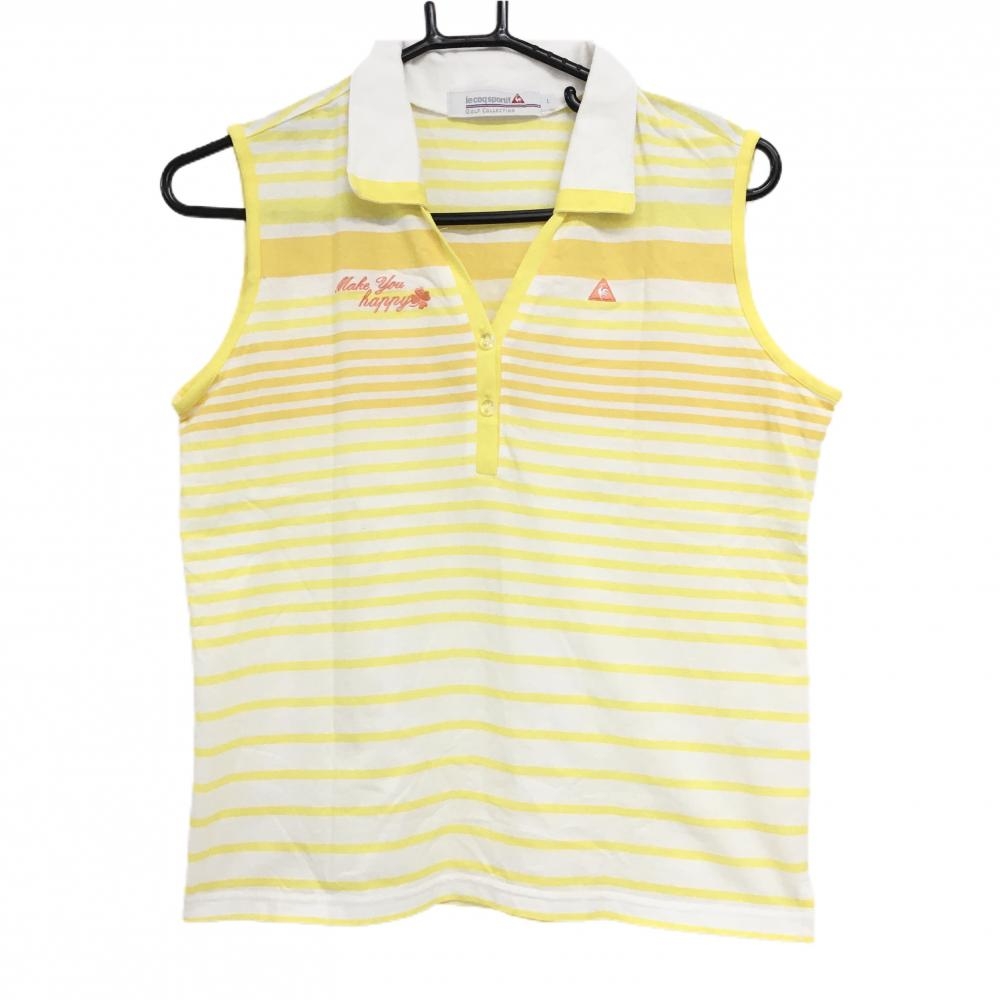 【超美品】ルコックゴルフ ノースリーブスキッパーシャツ イエローア×白 ボーダー  レディース L ゴルフウェア le coq sportif