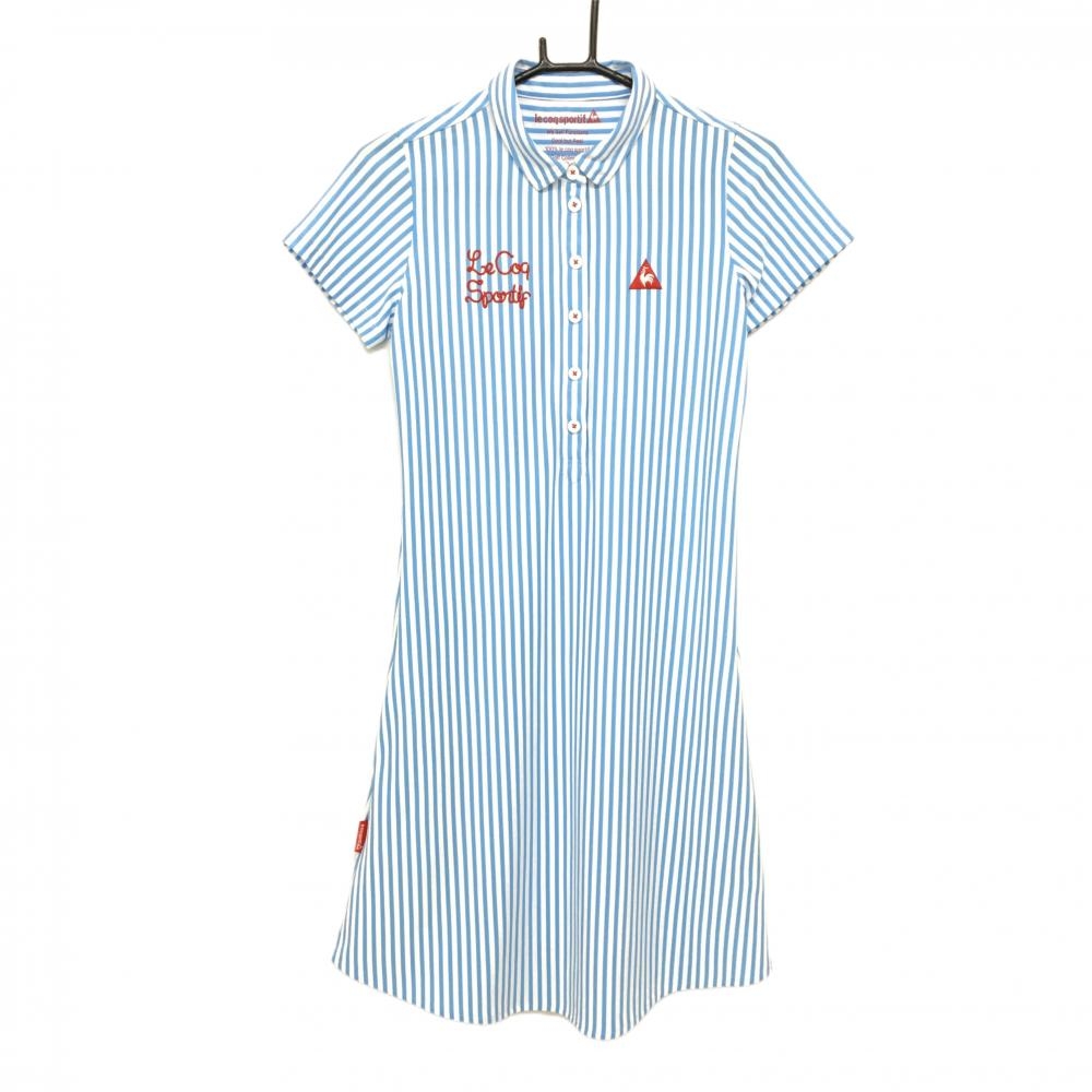 【超美品】ルコック 半袖ポロワンピース 白×ライトブルー ストライプ  レディース M ゴルフウェア le coq sportif