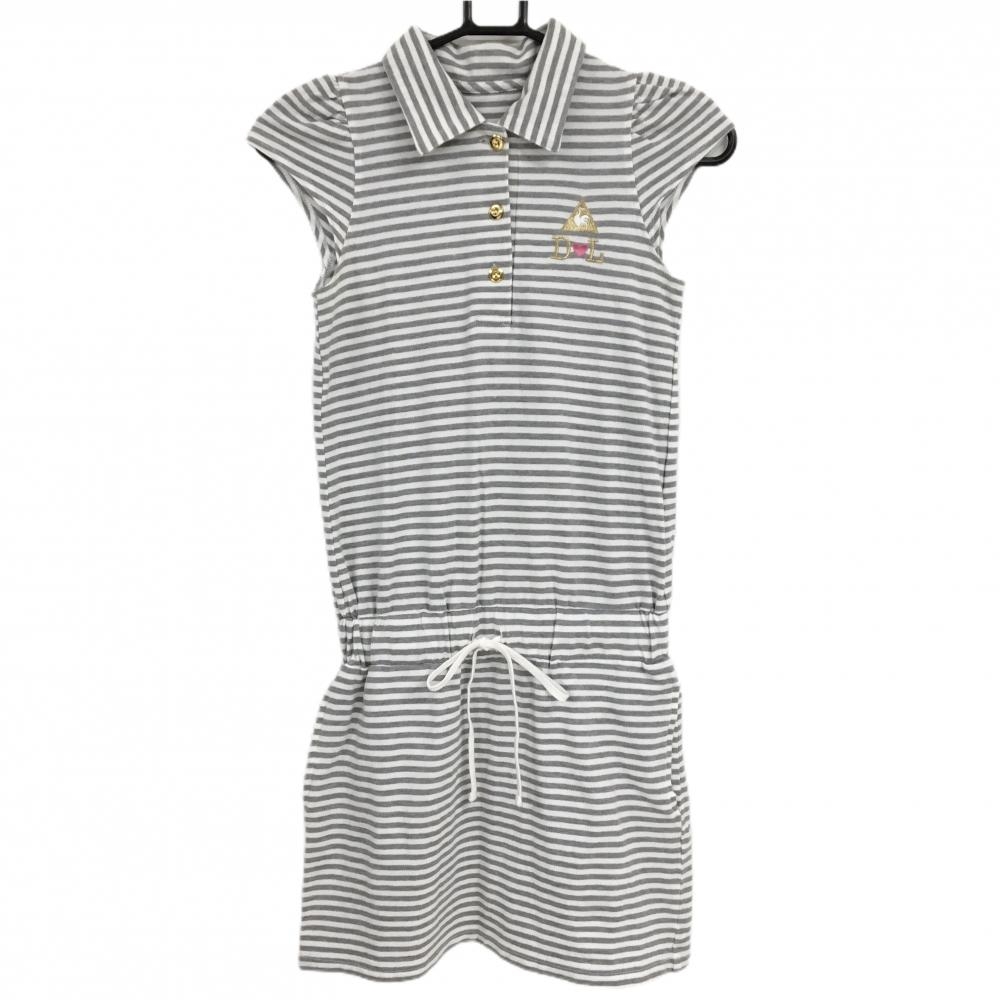 【美品】ルコック 半袖ポロワンピース 白×グレー ボーダー ロゴ刺しゅう ラメ糸 レディース S ゴルフウェア le coq sportif