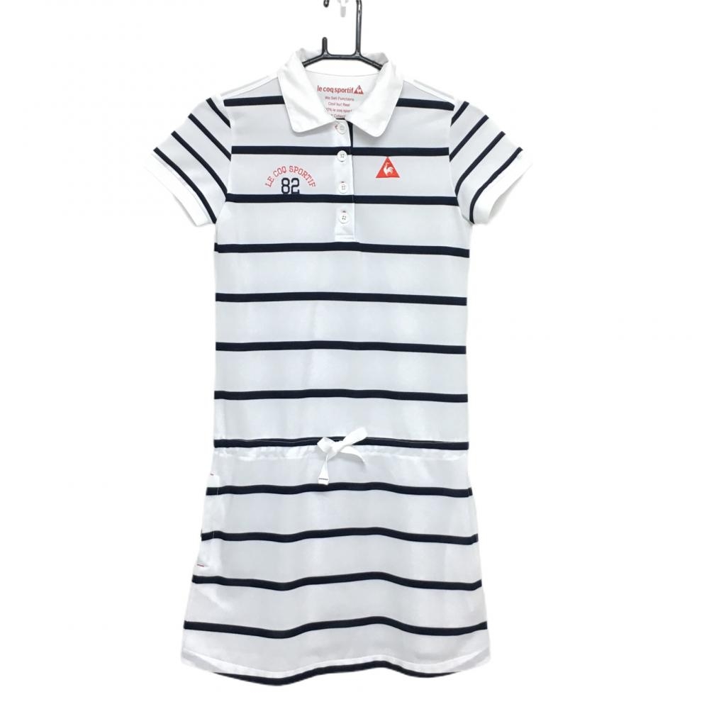 ルコック 半袖ポロワンピース 白×ネイビー ボーダー柄 ロゴ刺しゅう ウエスト調節紐  レディース M ゴルフウェア le coq sportif
