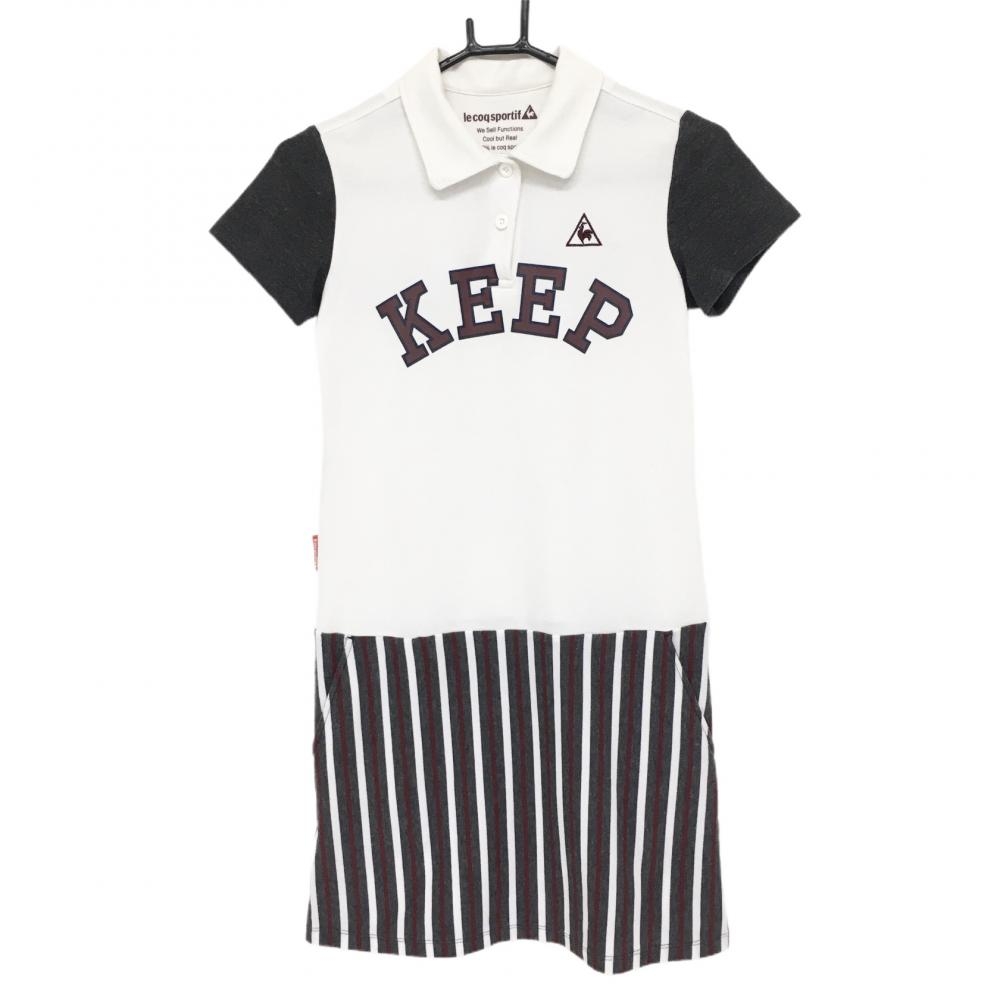 ルコック 半袖ポロワンピース 白×ダークグレー スカート部ストライプ  レディース S ゴルフウェア le coq sportif