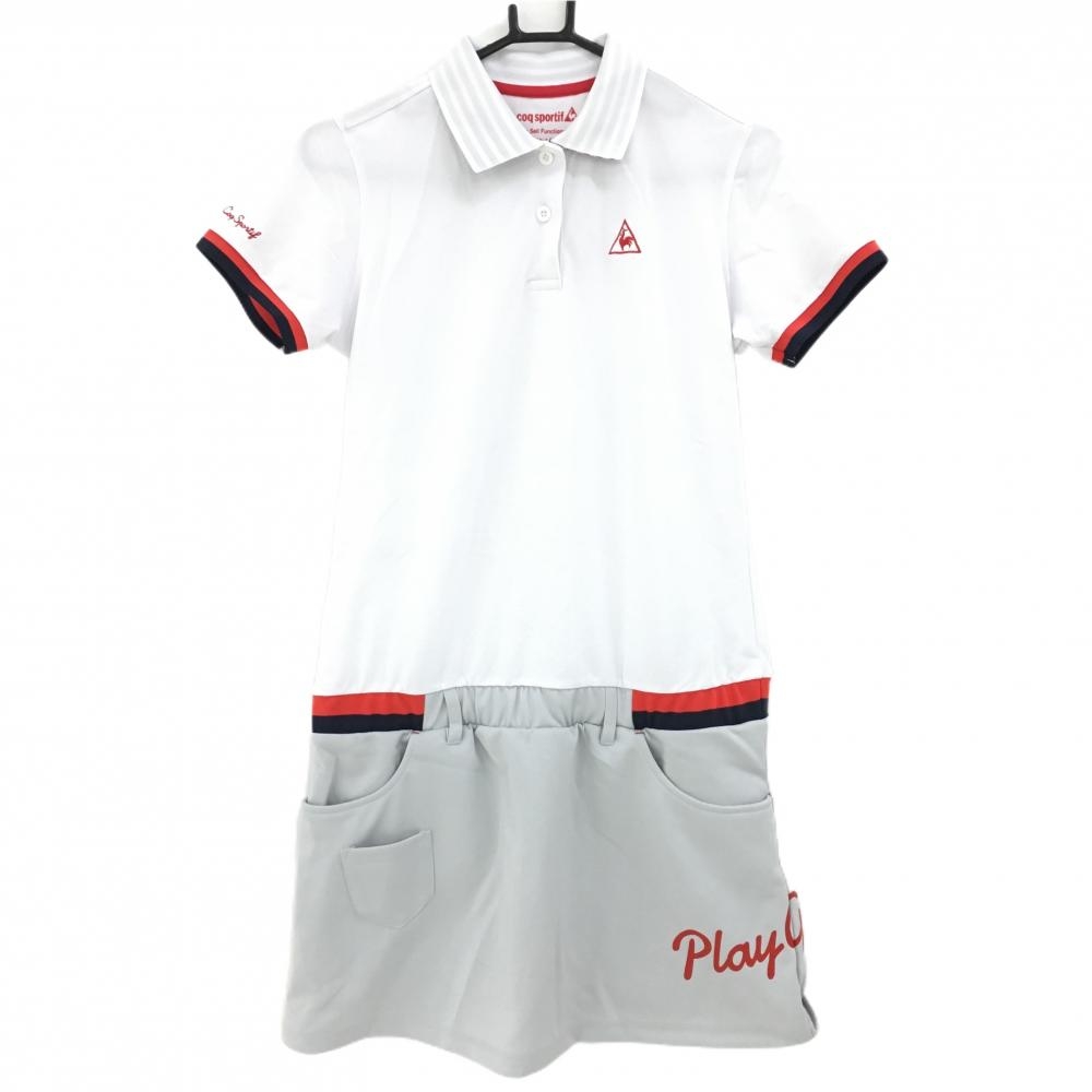 【美品】ルコック 半袖ポロワンピース 白×グレー 襟裏ボーダー ウエストゴム  レディース L ゴルフウェア le coq sportif