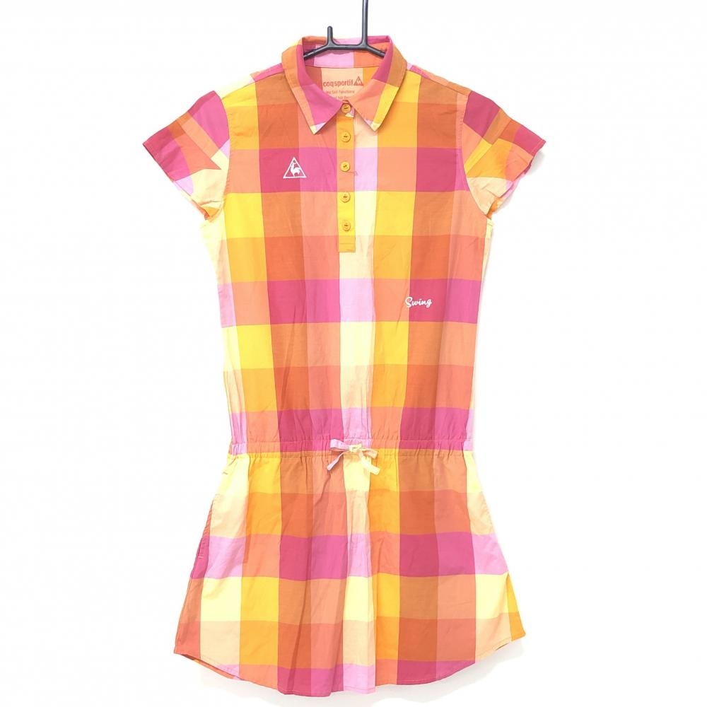 【美品】ルコック 半袖ワンピース オレンジ×ピンク ブロックチェック柄 ロゴ刺しゅう  レディース M ゴルフウェア le coq sportif