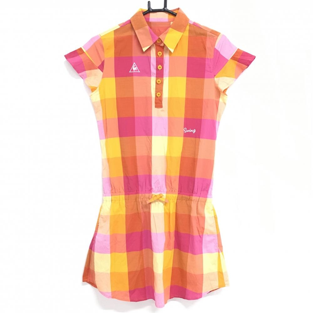 【超美品】ルコックゴルフ 半袖ポロワンピース オレンジ×ピンク チェック  レディース M ゴルフウェア le coq sportif