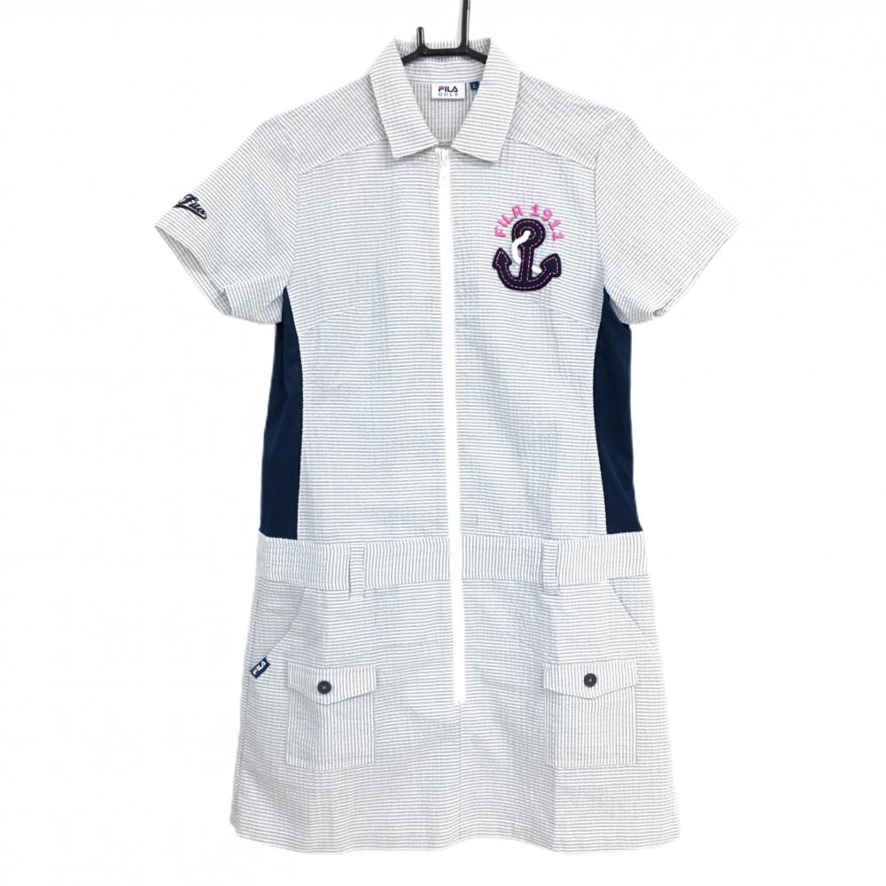 ルコック 半袖ワンピース ライトグレー×白 ストライプ サッカー生地 ハーフジップ　 レディース L ゴルフウェア le coq sportif