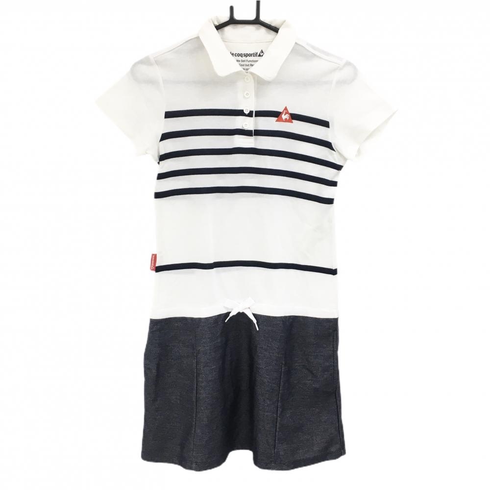 【美品】ルコック 半袖ポロワンピース 白×ネイビー 一部ボーダー ロゴ刺しゅう レディース M ゴルフウェア le coq sportif