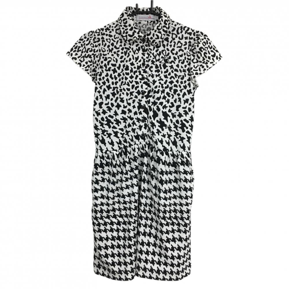 【美品】ルコックゴルフ 半袖ポロワンピース 白×黒 総柄 襟リボン付き  レディース M ゴルフウェア le coq sportif