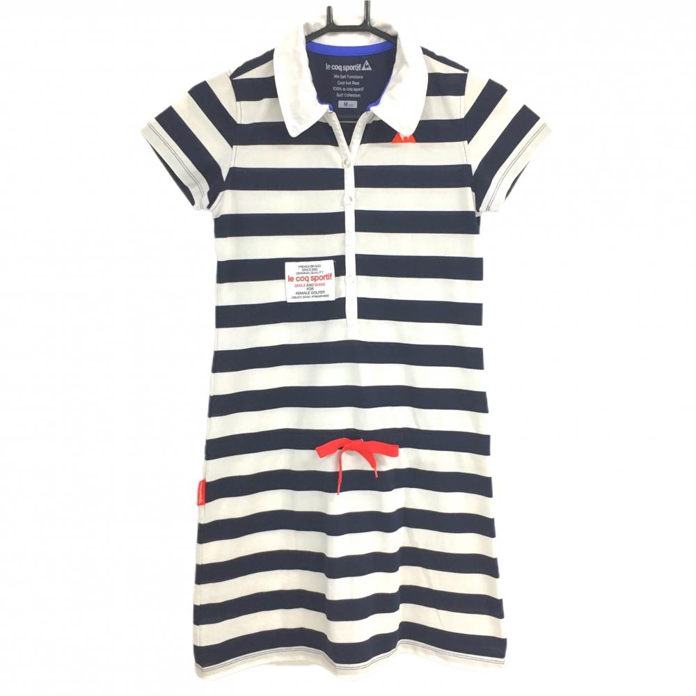 【美品】ルコックゴルフ 半袖ポロワンピース ネイビー×白 ボーダー ウエスト調節紐  レディース M ゴルフウェア le coq sportif