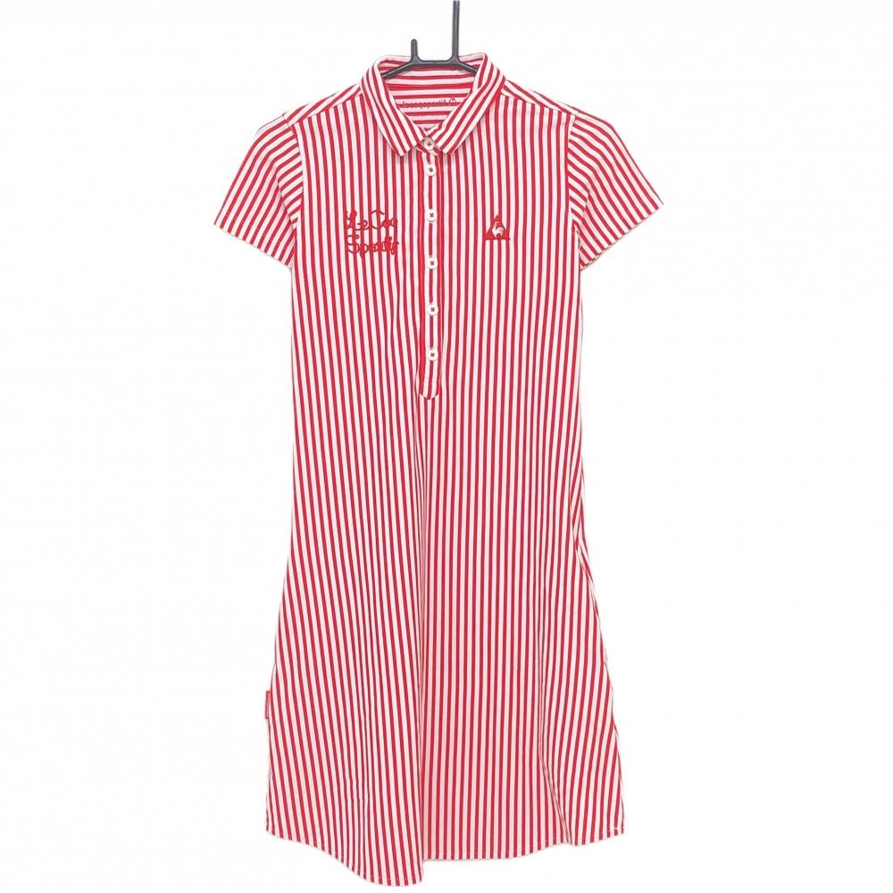 【超美品】ルコック 半袖ポロワンピース 白×レッド ストライプ ロゴ刺しゅう レディース M ゴルフウェア le coq sportif
