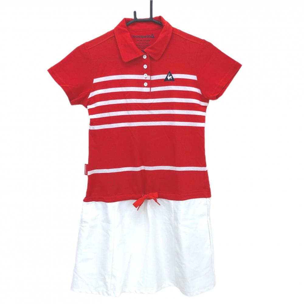 【美品】ルコックゴルフ 半袖ポロワンピース レッド×白 胸元ライン ストレッチ  レディース M ゴルフウェア le coq sportif