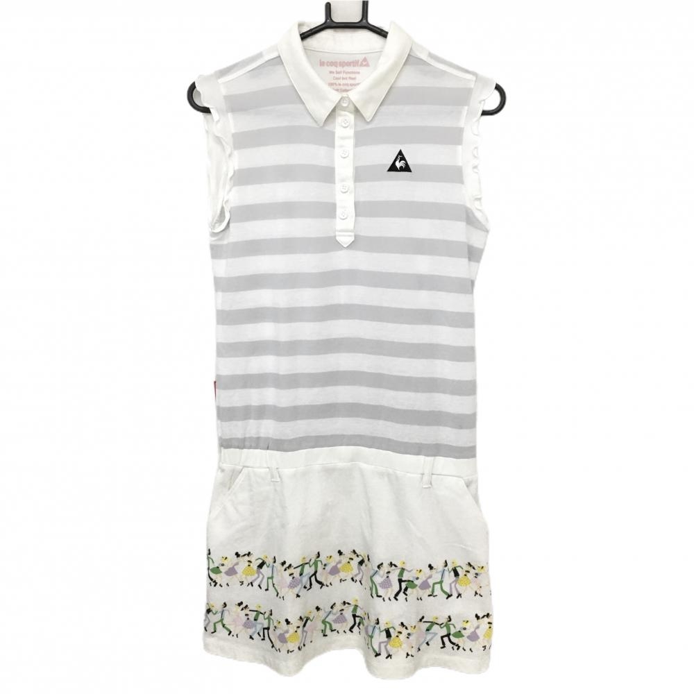 【美品】ルコックゴルフ ノースリーブポロワンピース 白×ライトグレー×アイボリー  レディース L ゴルフウェア le coq sportif