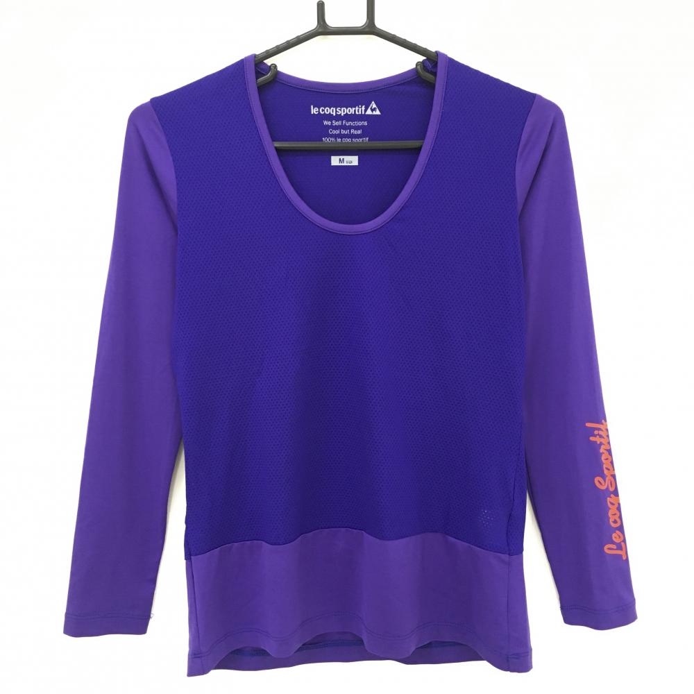 【美品】ルコックゴルフ インナーシャツ パープル×オレンジ 身頃メッシュ Uネック レディース M ゴルフウェア le coq sportif