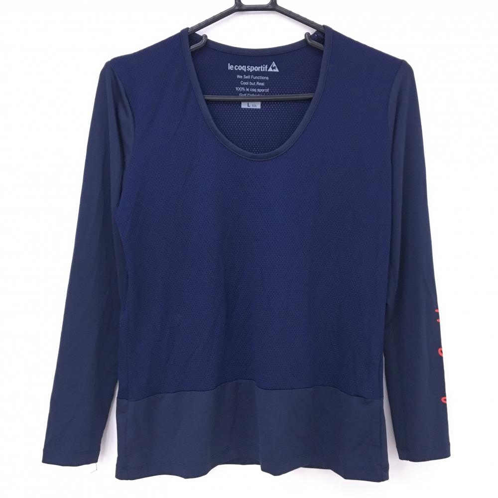 【超美品】ルコックゴルフ インナーシャツ ネイビー 身頃メッシュ調 袖ロゴレッド レディース L ゴルフウェア le coq sportif