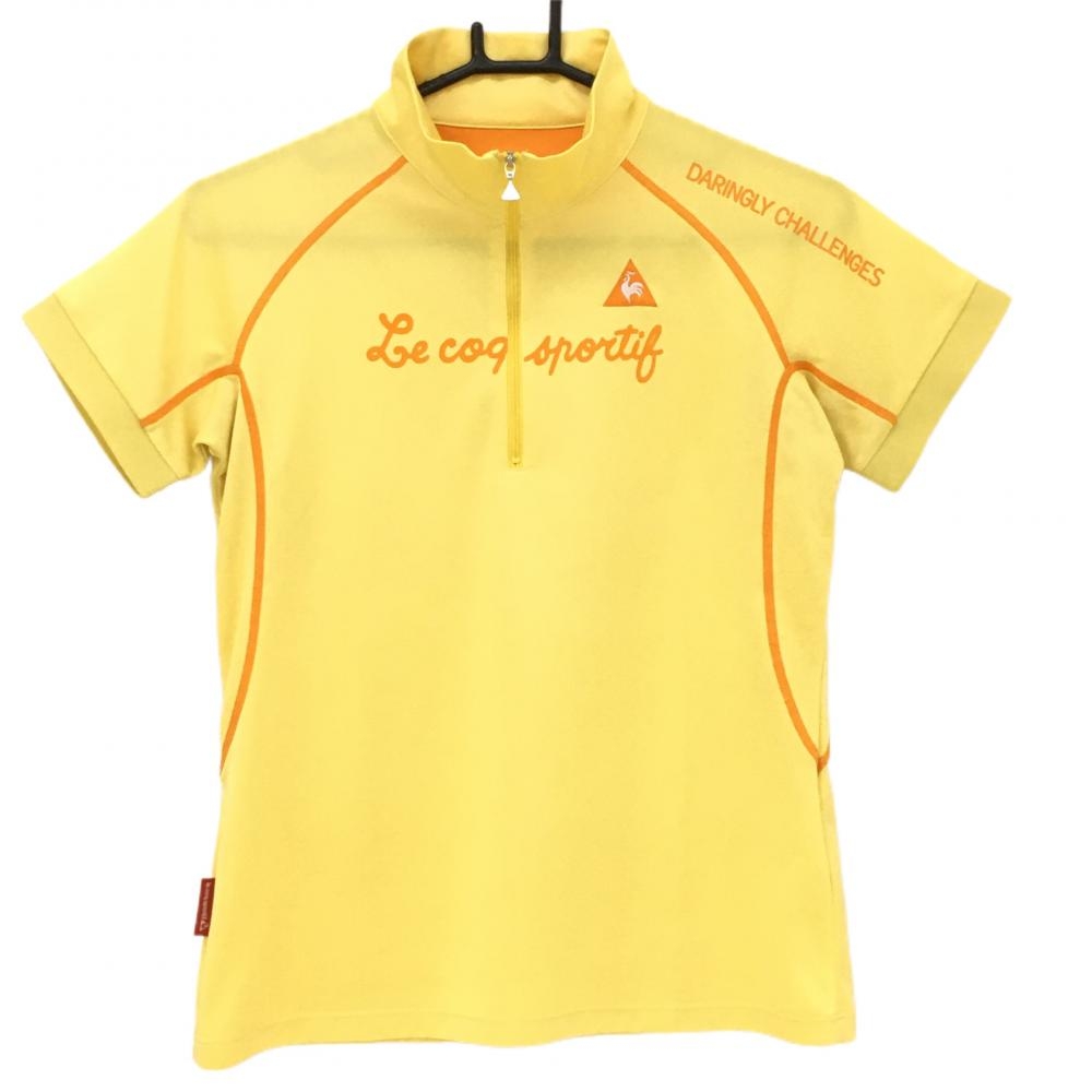 【超美品】ルコック 半袖ハイネックシャツ イエロー×オレンジ ハーフジップ ロゴ刺しゅう レディース L ゴルフウェア le coq sportif