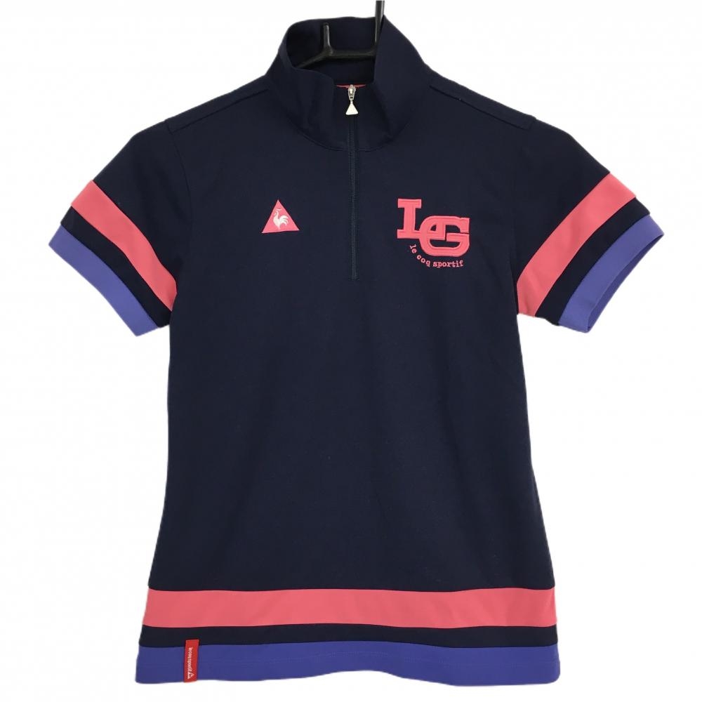 【超美品】ルコック 半袖ハイネックシャツ ネイビー×ピンク 袖・裾ライン ハーフジップ  レディース M ゴルフウェア le coq sportif