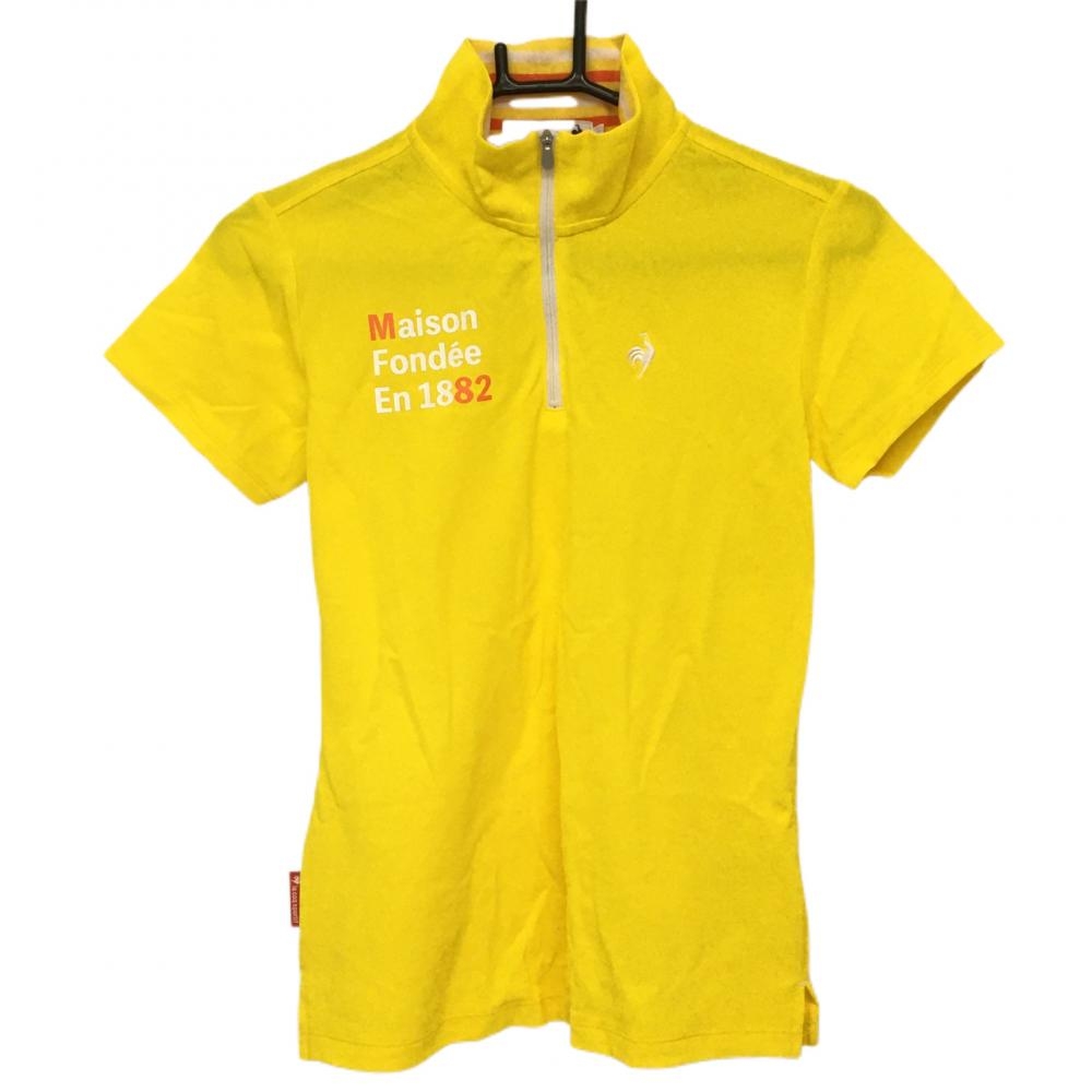 【美品】ルコック 半袖ハイネックシャツ イエロー×白 ロゴ刺しゅう ネック内ボーダー  レディース M ゴルフウェア le coq sportif