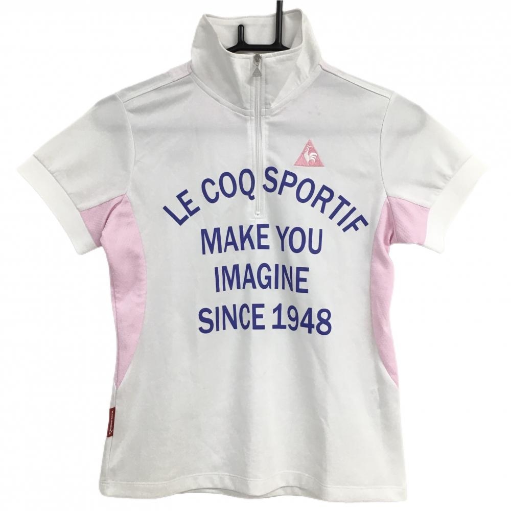 ルコック 半袖ハイネックシャツ 白×ピンク ハーフジップ ロゴ刺しゅう 袖下メッシュ調 レディース M ゴルフウェア le coq sportif