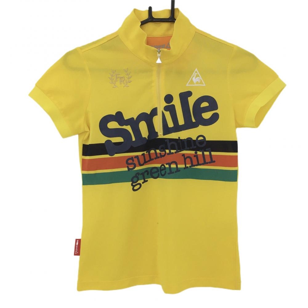 ルコック 半袖ハイネックシャツ イエロー×ネイビー  胸部ライン ハーフジップ  レディース S ゴルフウェア le coq sportif