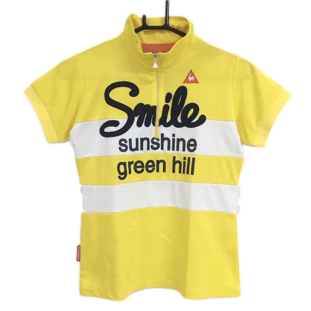 【美品】ルコック 半袖ハイネックシャツ イエロー×白 ハーフジップ ボーダー調 レディース M ゴルフウェア le coq sportif