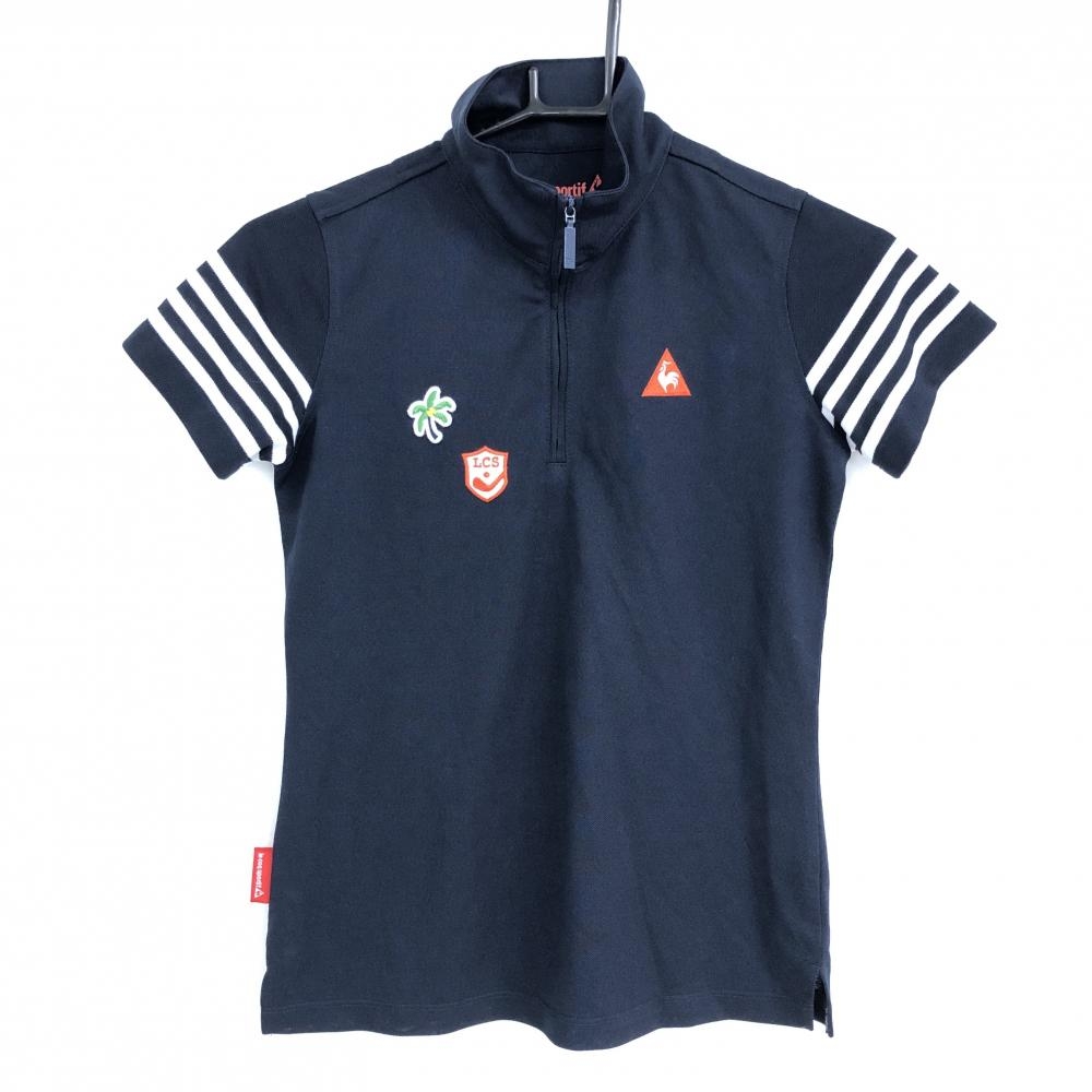 【超美品】ルコック 半袖ハイネックシャツ ネイビー×白 袖ライン ハーフジップ レディース S ゴルフウェア le coq sportif