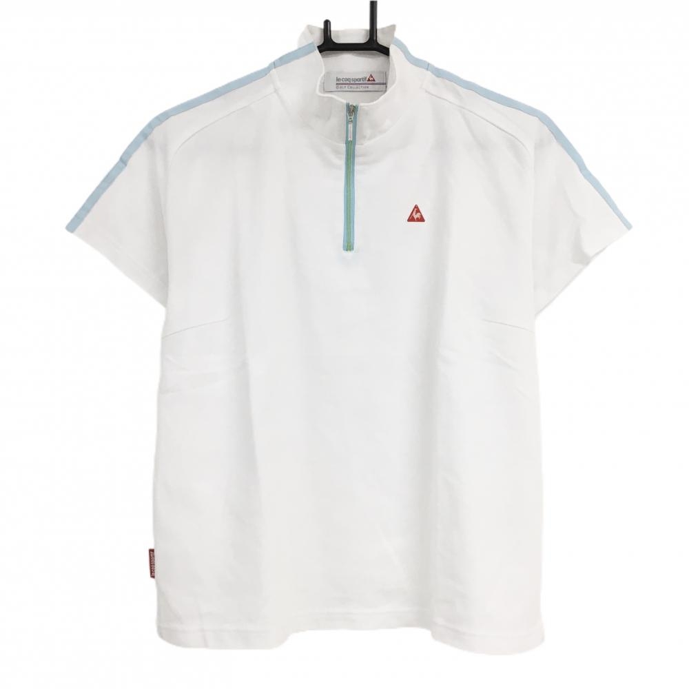 【美品】ルコック 半袖ハイネックシャツ 白×ライトブルー ハーフジップ 胸刺しゅう レディース L ゴルフウェア le coq sportif
