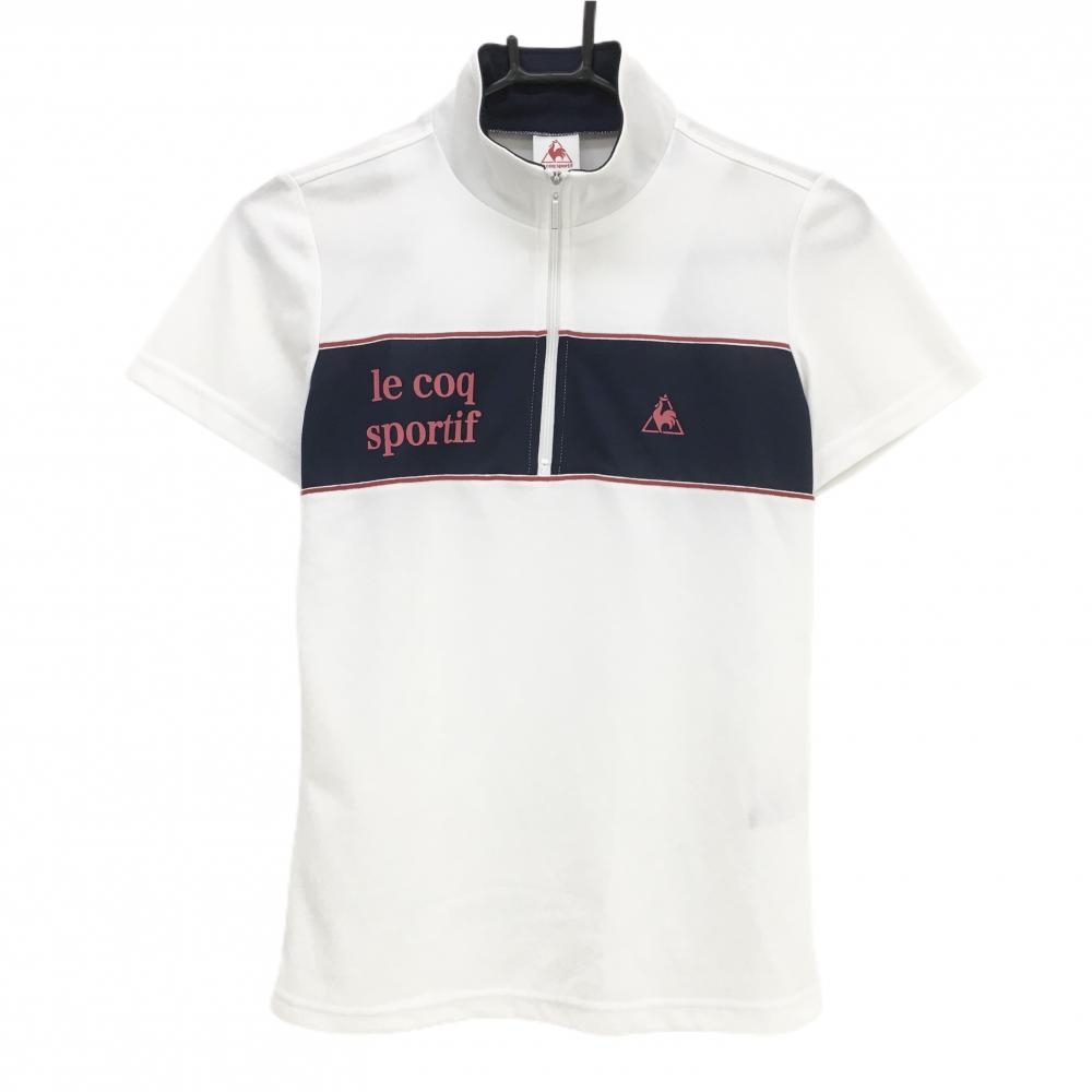 ルコック 半袖ハイネックシャツ 白×ネイビー ハーフジップ ロゴプリント レディース S ゴルフウェア le coq sportif