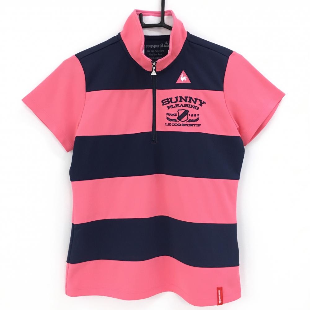 ルコック 半袖ハイネックシャツ ピンク×ネイビー ボーダー ハーフジップ レディース L ゴルフウェア le coq sportif