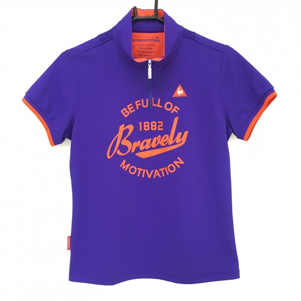 【美品】ルコック 半袖ハイネックシャツ パープル×オレンジ ハーフジップ ビックブリント レディース L ゴルフウェア le coq sportif