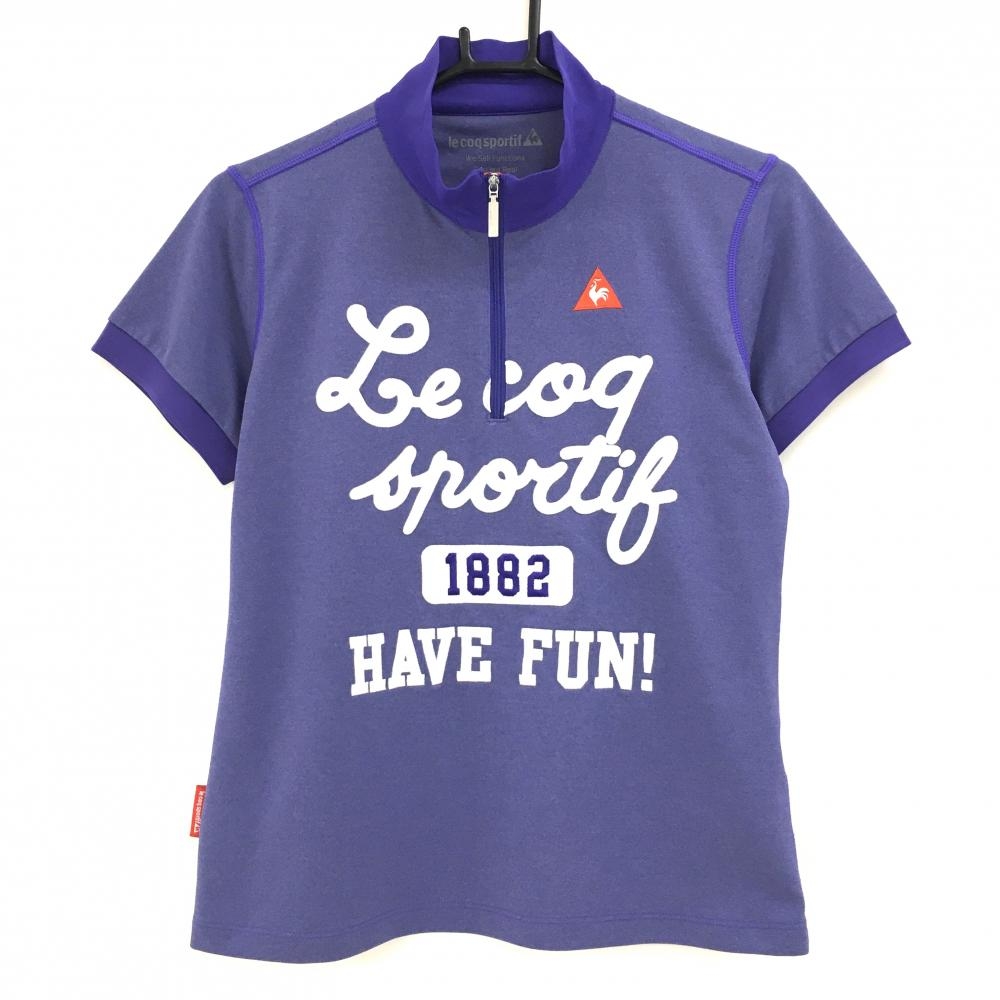 【超美品】ルコック 半袖ハイネックシャツ パープル ハーフジップ ブックロゴ レディース L ゴルフウェア le coq sportif