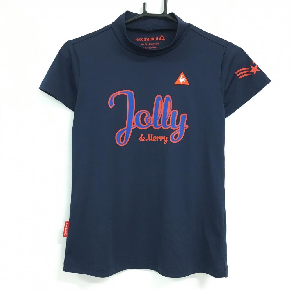 【超美品】ルコック 半袖ハイネックシャツ ネイビー×レッド ロゴ刺しゅう 袖星 ストレッチ レディース M ゴルフウェア le coq sportif