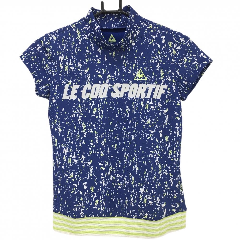 【超美品】ルコックゴルフ 半袖ハイネックシャツ ブルー×白 総柄 胸プリント 裾ボーダー レディース M ゴルフウェア le coq sportif
