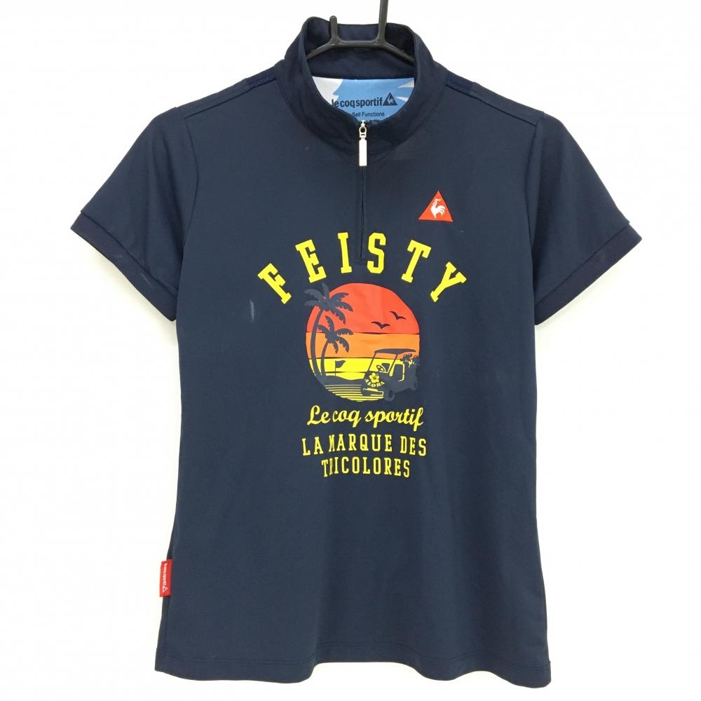 ルコックゴルフ 半袖ハイネックシャツ ネイビー×イエロー 夕景プリント ハーフジップ レディース L ゴルフウェア le coq sportif