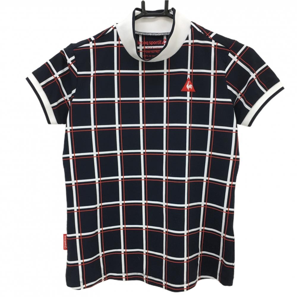 【超美品】ルコック 半袖ハイネックシャツ ネイビー×白 チェック  レディース S ゴルフウェア le coq sportif