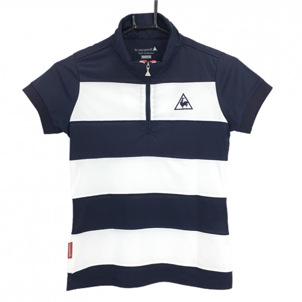 ルコックゴルフ 半袖ハイネックシャツ ネイビー×白 ボーダー ハーフジップ レディース S ゴルフウェア le coq sportif