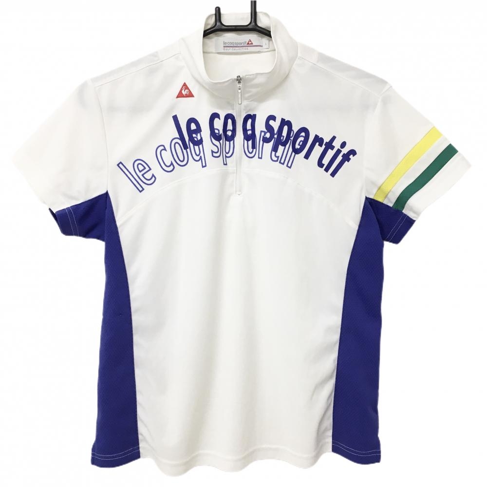 ルコック 半袖ハイネックシャツ 白×ブルーパープル ハーフジップ 花刺しゅう レディース L ゴルフウェア le coq sportif
