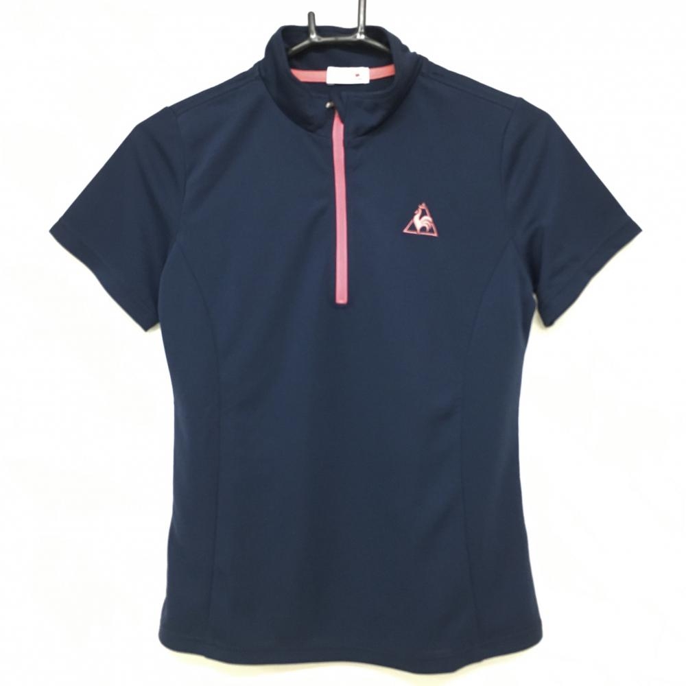【新品】ルコック 半袖ハイネックシャツ ネイビー×ピンク ハーフジップ ロゴ刺しゅう レディース M ゴルフウェア le coq sportif