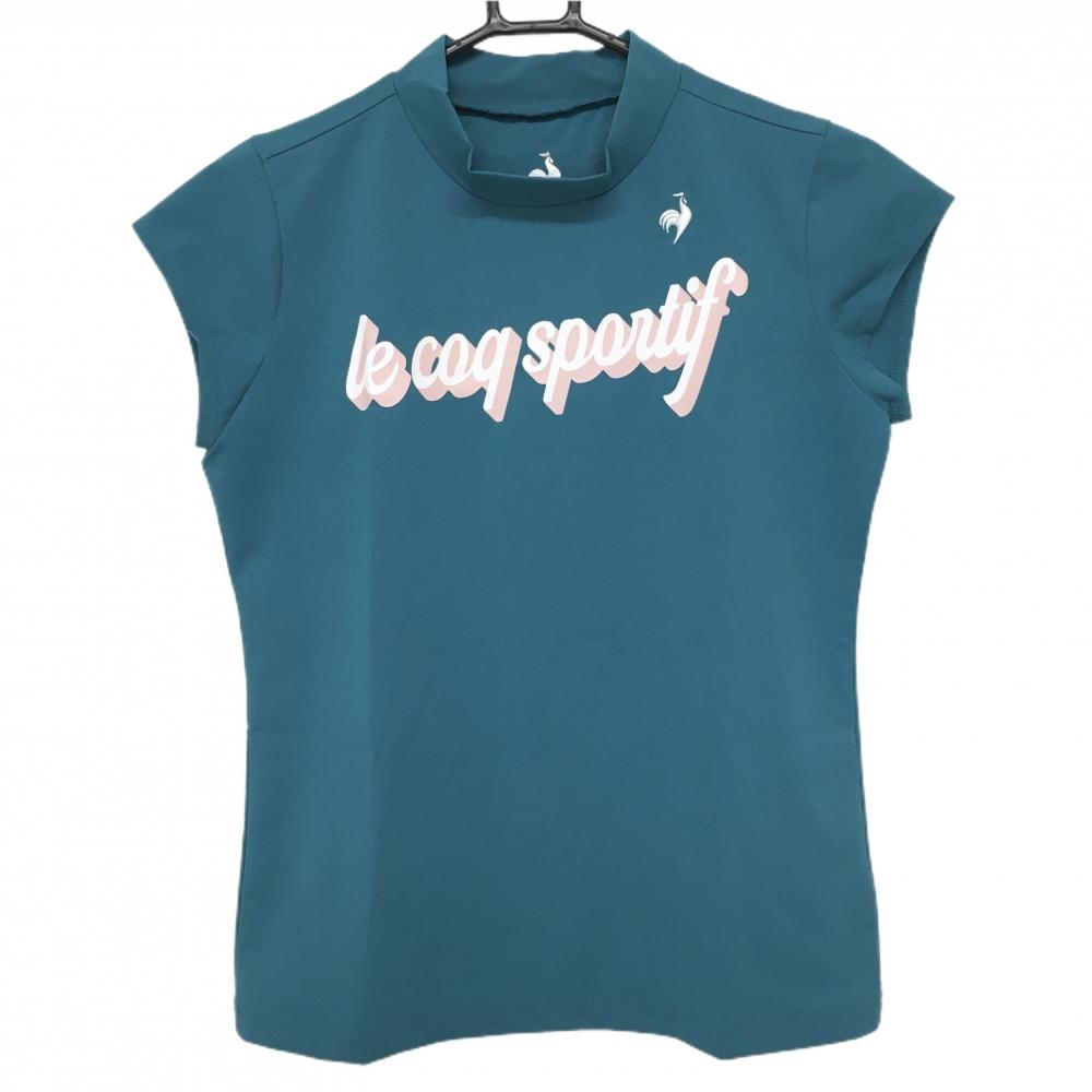 【超美品】ルコックゴルフ 半袖ハイネックシャツ グリーン×白×ピンク  レディース M ゴルフウェア 2023年モデル le coq sportif