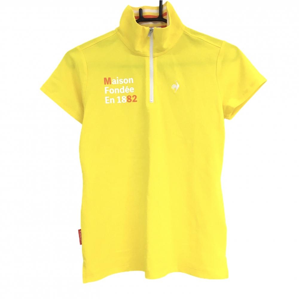 【超美品】ルコックゴルフ 半袖ハイネックシャツ イエロー×白 バックプリント ハーフジップ   レディース M ゴルフウェア le coq sportif