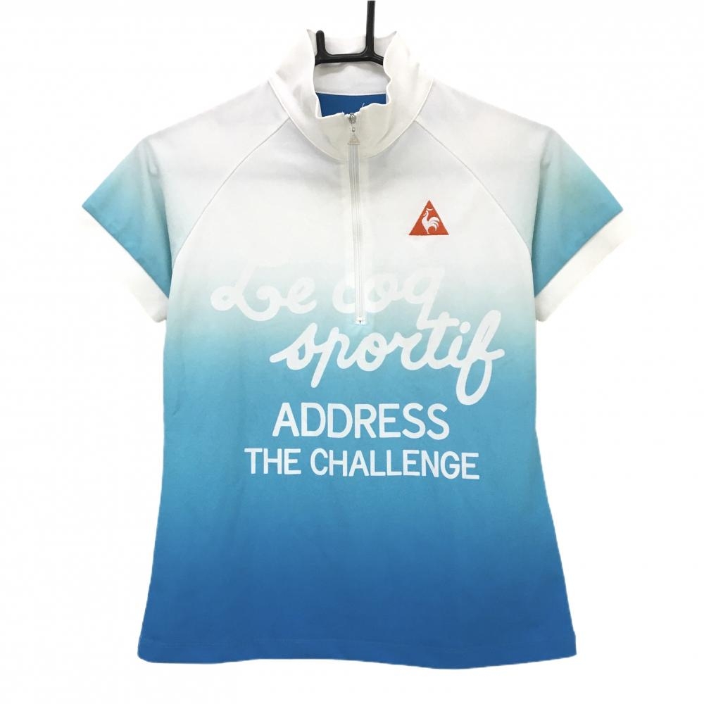 ルコックゴルフ 半袖ハイネックシャツ 白×ブルー グラデーション ロゴ刺しゅう ハーフジップ レディース M ゴルフウェア le coq sportif
