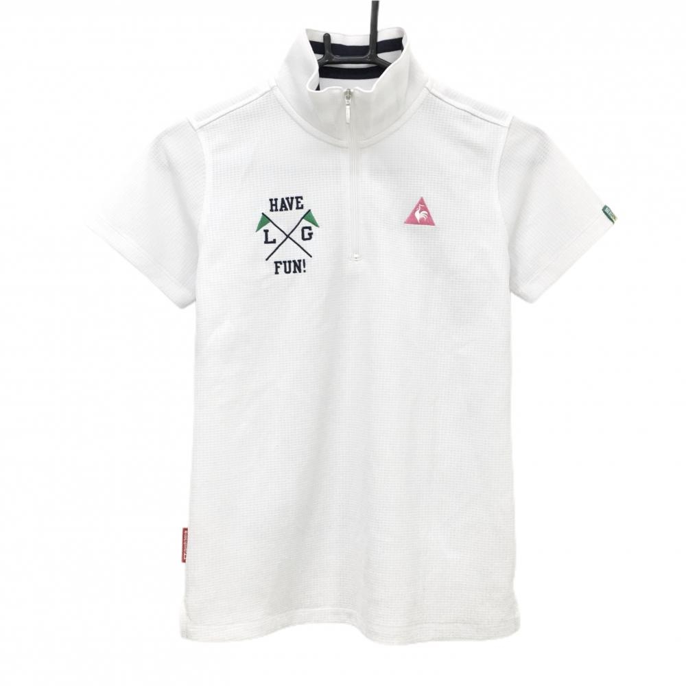 【超美品】ルコックゴルフ 半袖ハイネックシャツ 白 メッシュ調 襟裏ボーダー ハーフジップ レディース M ゴルフウェア le coq sportif