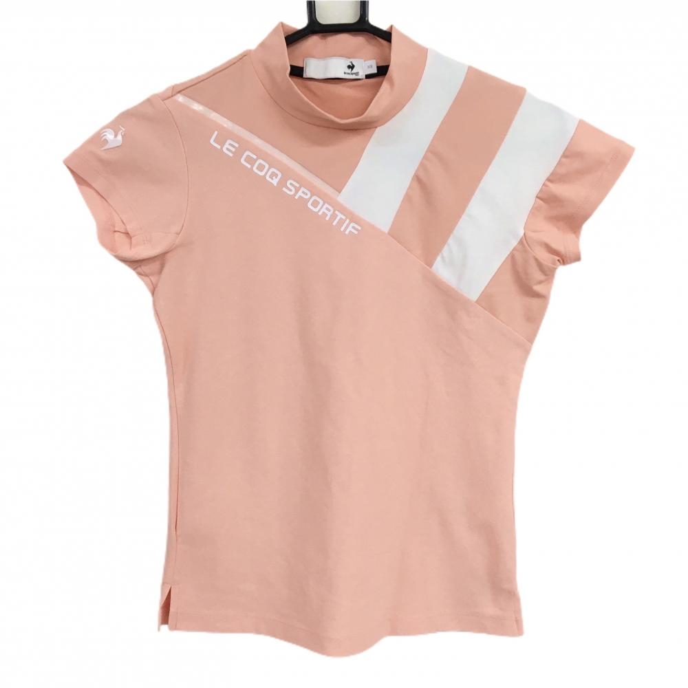 【超美品】ルコックゴルフ 半袖ハイネックシャツ ピンク×白 左肩ボーダー シリコンロゴ  レディース XS ゴルフウェア le coq sportif