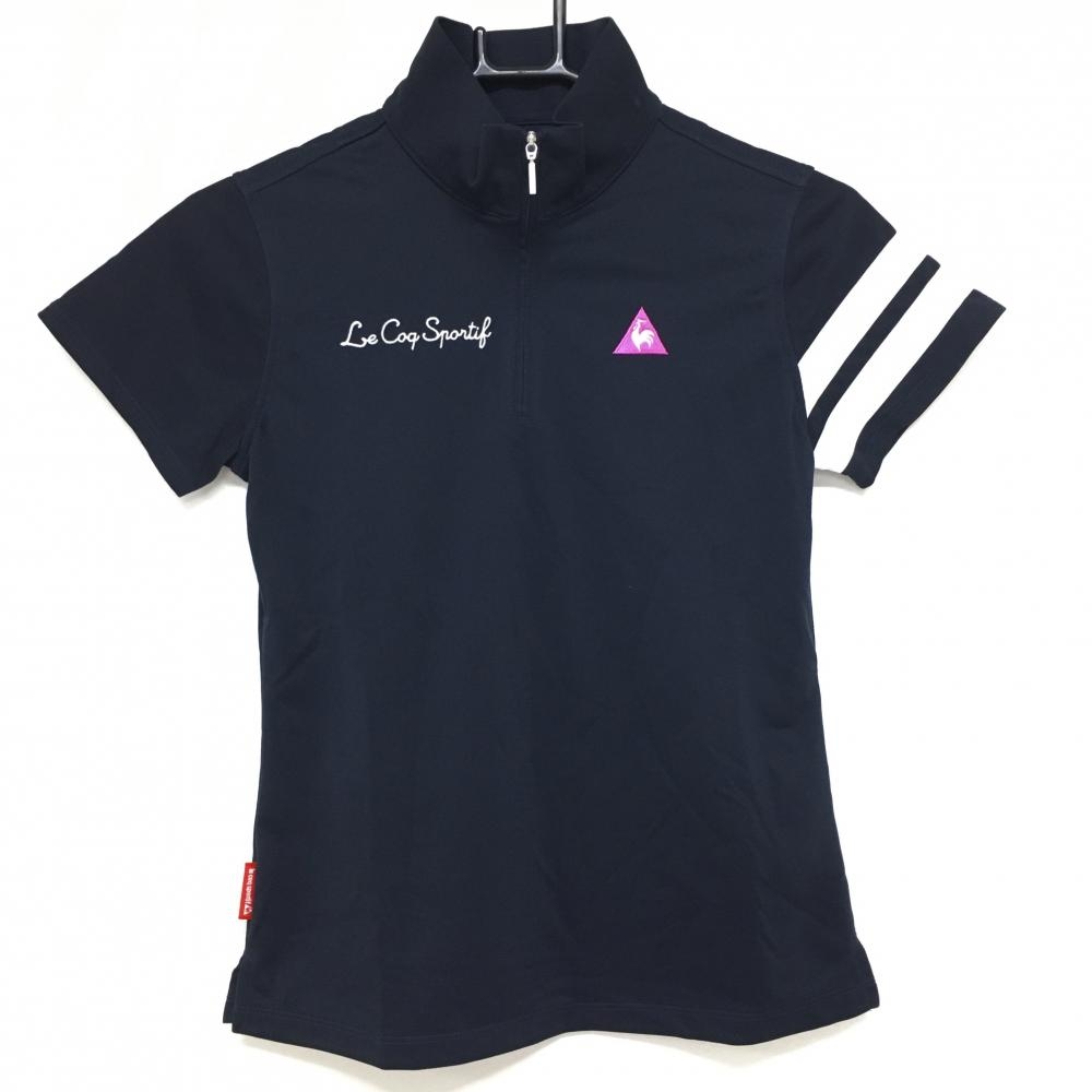 【美品】ルコックゴルフ 半袖ハイネックシャツ ネイビー×白 ハーフジップ 袖2ライン レディース M ゴルフウェア le coq sportif