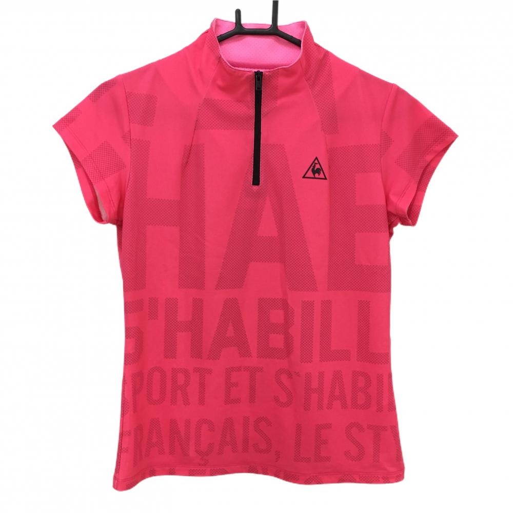 【美品】ルコックゴルフ 半袖ハイネックシャツ ピンク 英字柄 ハーフジップ  レディース Ｌ ゴルフウェア le coq sportif