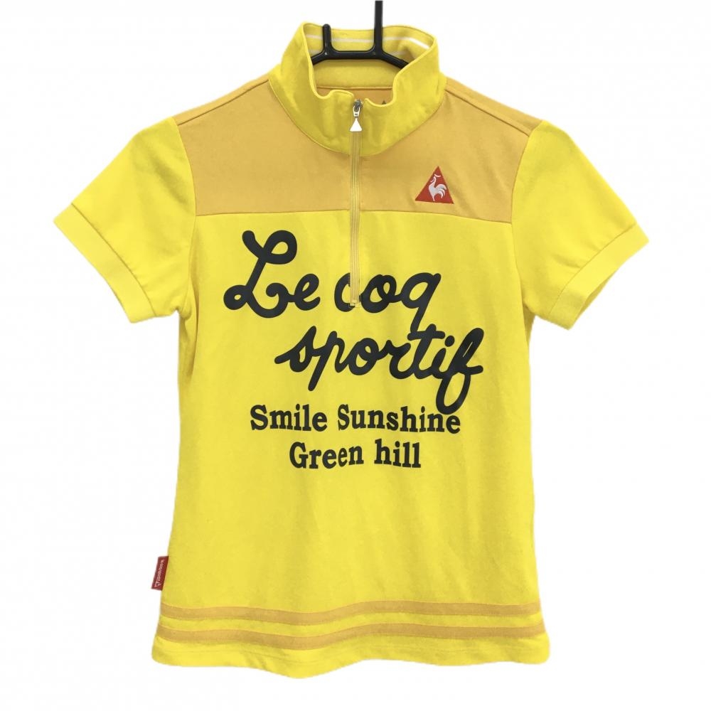ルコックゴルフ 半袖ハイネックシャツ イエロー×ネイビー ハーフジップ フロントロゴ レディース M ゴルフウェア le coq sportif