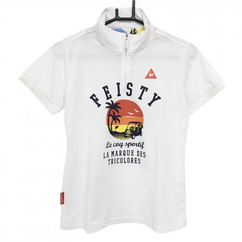 【美品】ルコックゴルフ 半袖ハイネックシャツ 白 フロント夕景プリント ハーフジップ レディース L ゴルフウェア le coq sportif